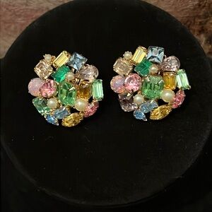 60’s Vintage Clip On Earrings Pastel Uranium Glass Rhinestones